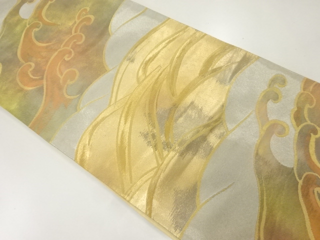 JAPANESE KIMONO / ANTIQUE FUKURO OBI / SILK / WOVEN RAGING WAVES